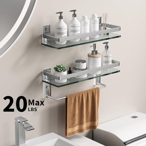 Danpoo Bathroom Shelves Wall Mounted, Tempered Glass Bathroom Shelf with Towel Bar(2 Tier, Matte Silver)