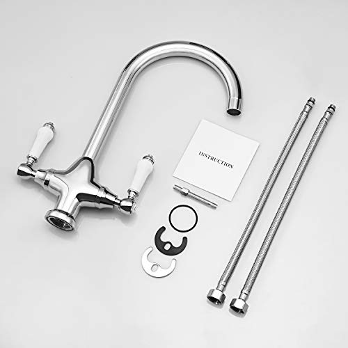 Funime Traditional Kitchen Sink Mixer Tap Elegant Ceramic Dual Lever Monobloc Swivel Spout Chrome, Classic