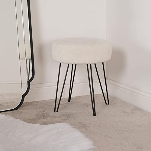 OHS Teddy Fleece Stool Hairpin Boucle Leg Foot Stool Rest Bedroom Upholstered Vanity Dressing Table Chair Round Pouffe - White