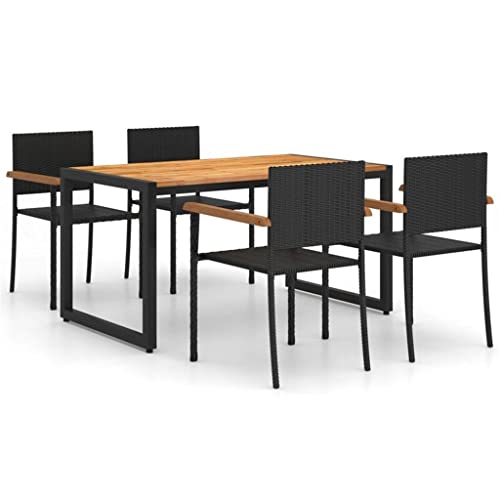 DLOETT 5 Piece Garden Dining Set Outdoor Patio Resin Wickerwork Chairs and Wooden Table