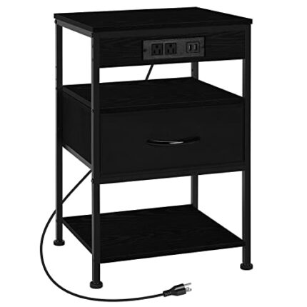 NORCEESAN Black Nightstand with Charging Station, Bed Side Table with USB Ports & AC Outlets, Small End Bedside Tables with Drawer Charging Night