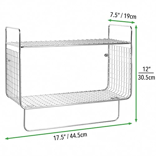 mDesign Bathroom Shelf – 2-Tier Wire Shelf with Integrated Towel Rail – Ideal Bathroom Storage Solution – Chrome