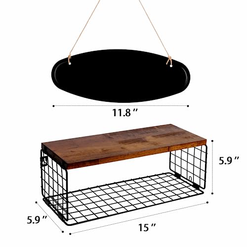 Obswell Kole Floating Shelves with Wire Storage Basket, Bathroom Shelves Over Toilet with Protective Metal Guardrail, Wood Wall Shelves for Bathr