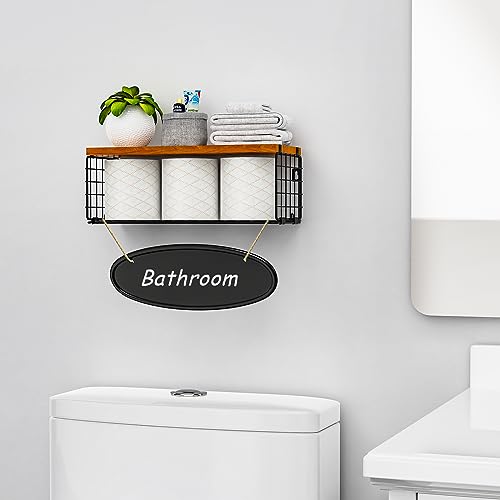 Obswell Kole Floating Shelves with Wire Storage Basket, Bathroom Shelves Over Toilet with Protective Metal Guardrail, Wood Wall Shelves for Bathr