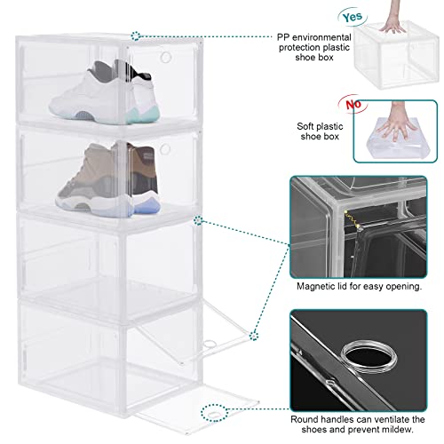 KEESIN 4 Pack Shoe Box Transparent Stackable Plastic Drop Shoe Storage Box with Magnetic Lids Vent Opening Hole,for Women/Men (36x27.5x21CM, Tran