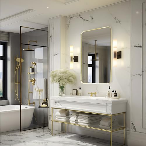 Minuover Wall Mount Mirror for Bathroom, Brushed Gold Metal Framed Rounded Corner Rectangular Vanity Mirror (20" x 30", Gold)