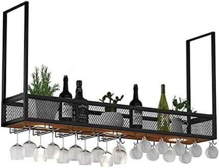 SUCHETA Hanging Wine Rack with Glass Holder and Shelf, Wrought Iron bar Hanger, Upside Down Wine Glass Rack, Hanging Wine Cabinet Wine Rack, bar