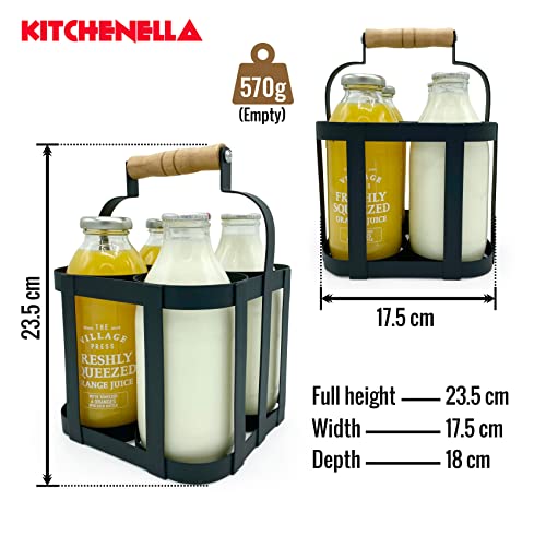 Milk Bottle Holder Doorstep in Black Metal with Wooden Handle - Carrier Fits 4 Standard Pint Sized UK Milk Bottles Vintage Retro Traditional Desi
