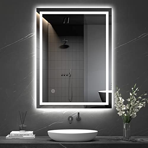 Dripex Bathroom Mirror with LED Lights, 500 * 700 MM Illuminated Backlit Wall Mounted Vanity Mirror Dimmable Switch 3 Colors and Demister Pad, Ho