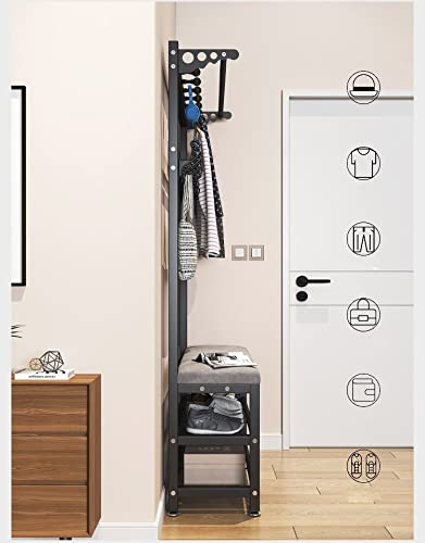 Modern Entry Hall Tree Coat Rack Shoe Storage Bench with 4 Detachable Hooks Industrial Accent Furniture with Metal Frame Multifunction Hallway Be