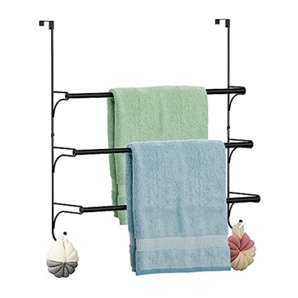 Over the Door Towel Rail - 3 Tier Bathroom Hanging Towel Rack with 2 Hooks - Expandable Towel Ladder for Towelsor Clothing - Black