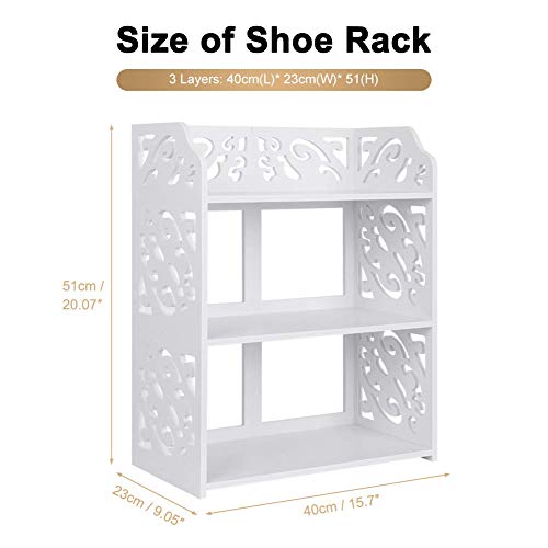 Shoe Rack White, Modern Carved 3 Tiers Freestanding Shoe Rack, Space Saver Stackable White Home Storage Organiser Unit, for Hallway Entryway Bedr