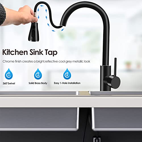 Pakuyi Kitchen Sink Taps 360° Swivel Kitchen Faucet Single Handle Single Lever High Arc Kitchen Mixer Tap with Pull Out Sprayer with 2 Modes Spra