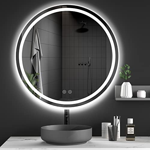 Dripex 600mm Round Bathroom Mirror with LED Light, Illuminated Wall Mounted Vanity Mirror with Demister, Anti-fog Large Circle Makeup Mirror, 3-C