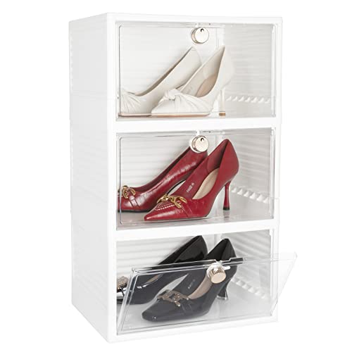 MATEPROX Stackable Plastic Shoe Storage Boxes - Set of 3, with Lockable Door, Modern Style Shoe Organizer Cabinet Shoe box for High Heels and Sne