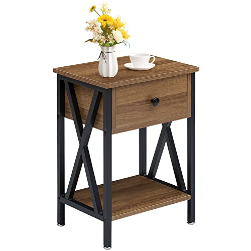 VECELO Vintage Nightstand, End Side Table with Drawer and Shelf, Home Decoration for Living Room Bedroom, X-Shape Legs and Water-Proof Surface, H