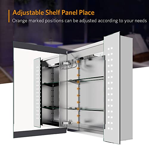 Quavikey® Bathroom Mirror Cabinet with Lights and Shaver Socket LED Illuminated Medicine Cabinet Wall Mounted with Shelf and Demister Dots Lights