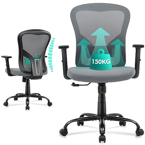 RYANGEL Ergonomic Office Chair for Home, 130° Rocking Desk Chair, Grey Mesh Office Chair with Adjustable Lumbar Support & PU Armrest, Executive S