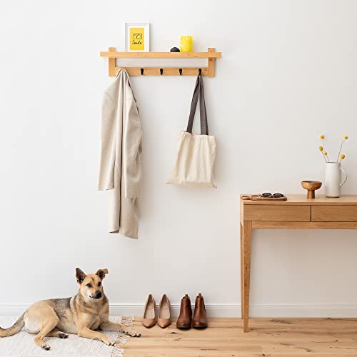 Navaris Coat Rack with Shelf - 74cm Wall Mounted Bamboo Shelf with 5 Hooks - Hanging Hook Storage for Hallway, Bedroom, Bathroom - Natural Finish