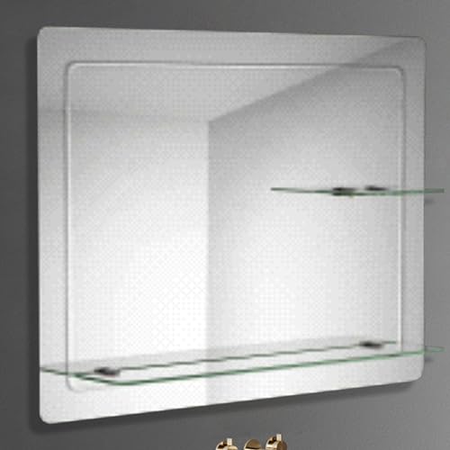 iBathUK Bathroom Mirror with Shelf, 800 x 600mm Wall Mounted Vanity Mirror with Double Storage Frameless Mirror, Bathroom Room Hanging Mirror