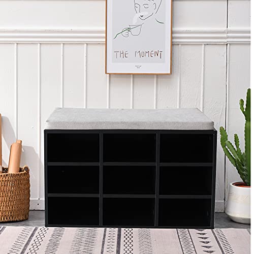 PALAKLOT 9-Cube Storage Bench – Shoes Cabinet With Padded Seat – Perfect For Entryway, Bedroom And Living Room – 78.5X49X29.5cm (Black)