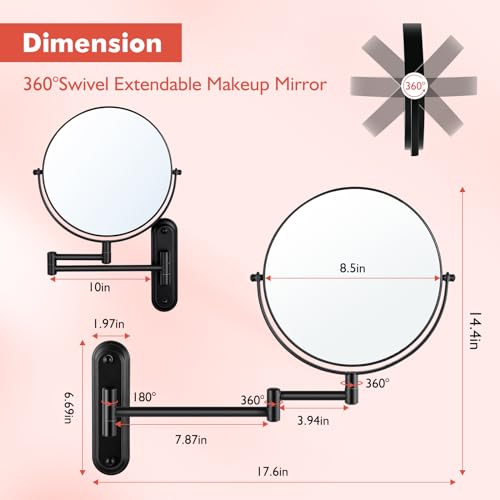 DASLAVA 8.5 Inch Wall Mounted Makeup Mirror Magnifying Mirror for Shaving Double Sided 1X/10X Cosmetic Mirror 360°Swivel Extendable Bathroom Mirr