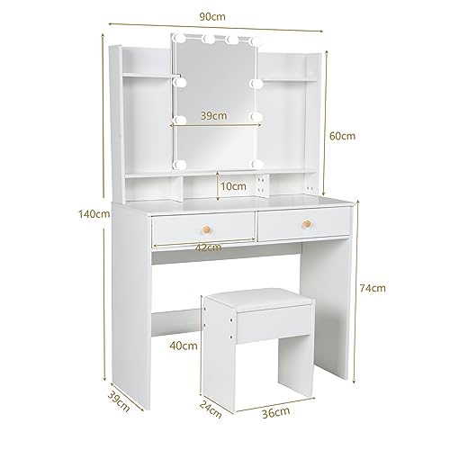 Makeup Vanity Desk with Lights & Mirror, Large Vanity Set with Storage Drawers & Stool, Bedroom Dresser Desk Vanity Table, White (Modern Vanity D