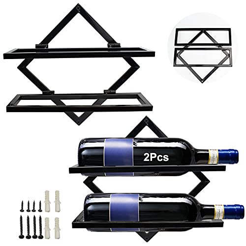 Metal Wall Mounted Wine Holder, Upgrade Foldable Hanging Wall Wine Rack Organizer for 2 Liquor Bottles, Red Wine Bottle Display Hanger with Screw