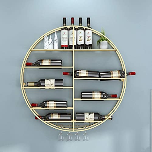 EMISOO Round Wine Racks Wall Mounted Wine Bottle and Glass Holder Metal Goblet Stemware Racks Home Bar Floating Display Shelves, Gold (Size : Dia