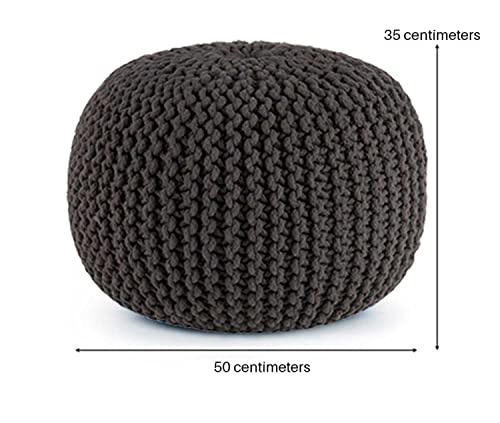 SweetNeedle - Hand Knitted Twisted Cable Style Round Dori Pouf, Floor Ottoman, Grey, Cotton Braid Cord - Handmade & Hand Stitched - Comfortable S