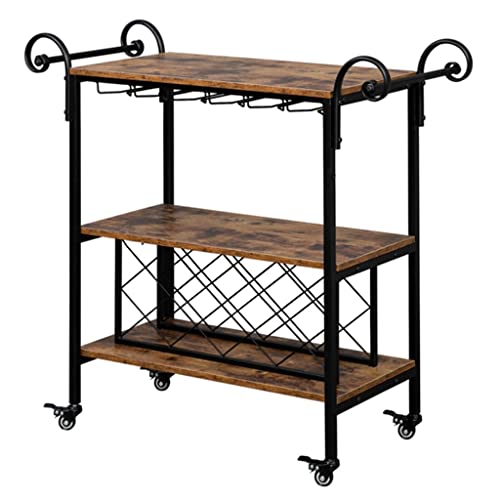 DSHGDJF 2-Layer Double-Armrest Diamond Wine Bottle Rack 1.5mm Thick Fire Pattern Density Board Movable Iron Wood Wine Cart