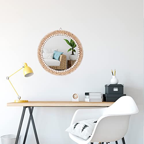 C&Z 15 Inch Boho Round Hanging Wall Mirror Decorative Rattan Circle Wall Mounted Mirror for Farmhouse, Living Room, Bedroom, Bathroom