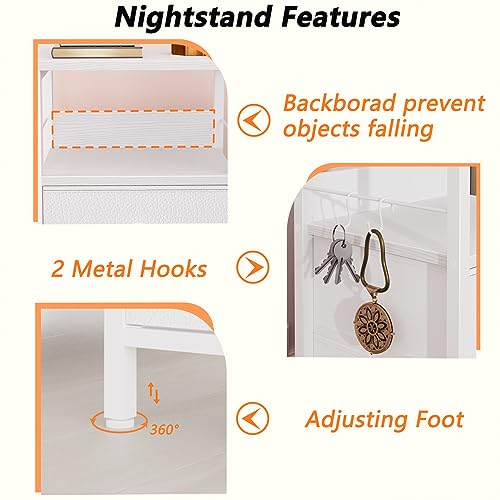 Furologee Nightstand with 2 Fabric Drawers, White Beside Table, End Table with 2-Tier Shelf, Side Table with Hooks and Wood Top for Bedroom/Livin