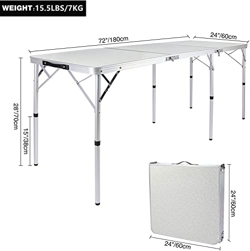 REDCAMP 6ft Folding Camping Table with Adjustable Height, Portable Large Sturdy Lightweight Tri-fold Outdoor Table for Picnic Garden BBQ, 2 Heigh