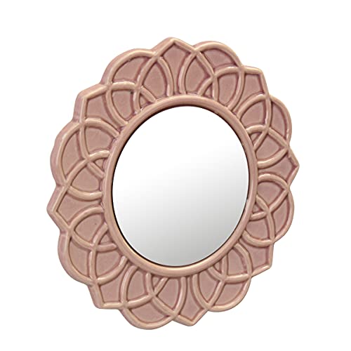 Stonebriar Decorative 9" Pale Pink Round Floral Ceramic Accent Wall Mirror with Attached Hanging Loop, Decorative Decor for The Living Room, Bedr