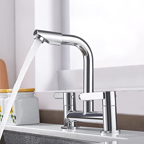 Kitchen Mixer Tap 2 Hole with 360° Aerator, Swivel Sink Bridge Taps Monobloc Dual Lever Faucet, 180mm Centres Deck Mounted with G1/2 Hose UK Stan
