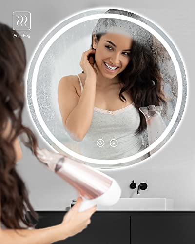 Dripex 600mm Round Bathroom Mirror with LED Light, Illuminated Wall Mounted Vanity Mirror with Demister, Anti-fog Large Circle Makeup Mirror, 3-C