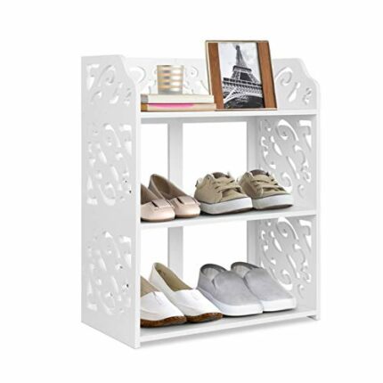 3-Tier Home Carved Shoe Cabinet, Hollow Carved Small Shoe Storage, Shoe Rack Storage Organiser White Shoes Rack Standing Shelf with Edge Baffle f