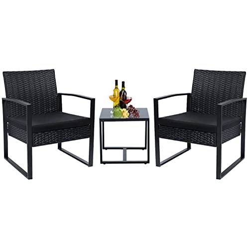 Devoko Rattan Bistro Set 2 Seater 3 Piece Garden Furniture Set Outdoor Patio Furniture with Cushion and 1 Glass Coffee Table for for Balcony, Yar