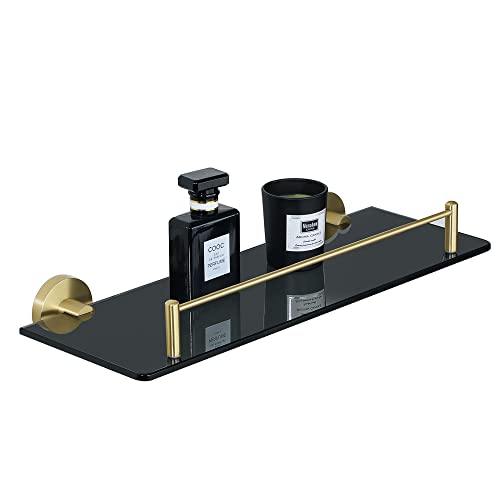 Mooche Tempered Glass Shelf Bathroom Shelf with Rail Wall Mounted 15 Inch, SUS304 Stainless Steel Golden Bracket and Black Tempered Glass, GDL538