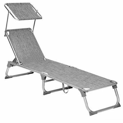 SONGMICS Sun Lounger, Sunbed, Reclining Sun Chair with Sunshade, Adjustable Backrest, Foldable, Lightweight, 55 x 193 x 31 cm, Load Capacity 150