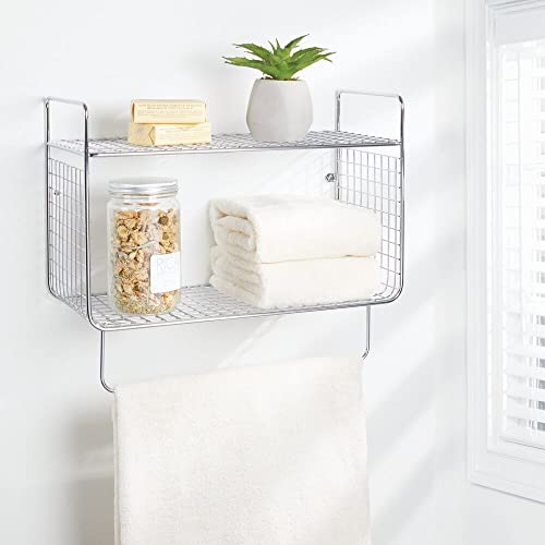 mDesign Bathroom Shelf – 2-Tier Wire Shelf with Integrated Towel Rail – Ideal Bathroom Storage Solution – Chrome