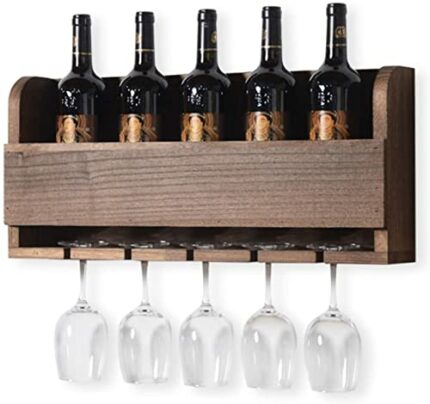 Wall Mounted Wine Rack Cabinet Wood ， Rustic Wine Storage Rack Floating Wine Shelf Organizer Hanging Stemware Racks for Bars,Restaurants,Kitchens