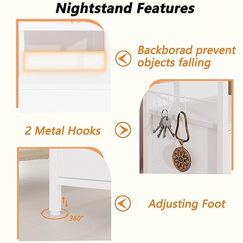 Furologee Nightstands Set 2, Bedside Table with 2 Fabric Drawers, End Table with 2 Hooks, Open Wood Shelf Side Sofa Table for Bedroom/Living Room