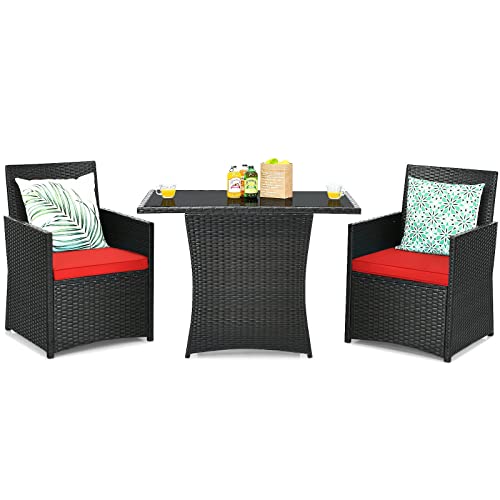 MIAOZI 3PCS Patio Rattan Furniture Set Cushioned Sofa Armrest Garden Deck Red Suitable For Patio, Porch, Garden And Balcony, Etc