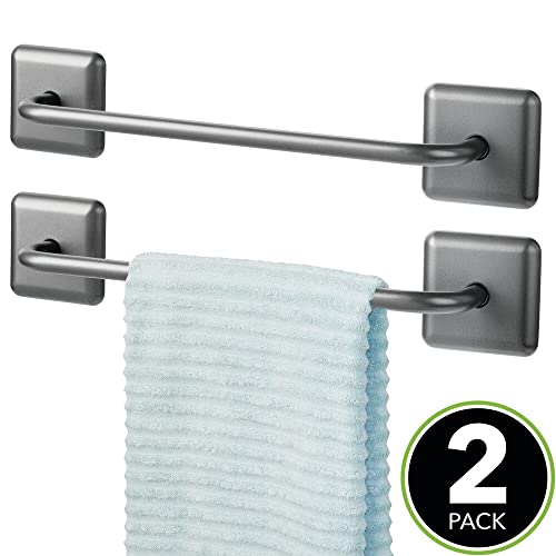 mDesign Set of 2 Hand Towel Holder Bars – Metal Towel Rail Set – Self Adhesive Towel Bar for Kitchen or Bathroom – Graphite