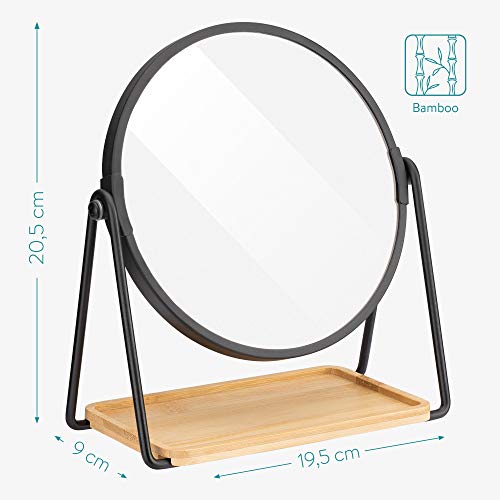 Navaris Tabletop Mirror with Tray - Double-Sided 1x/2x Magnifying Makeup Mirror with Bamboo Base - For Dressing Table, Bathroom, Bedroom - Black