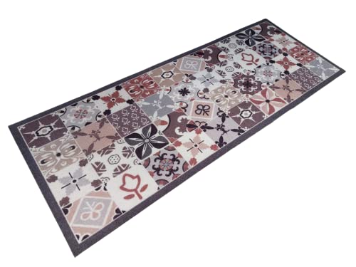oKu-Tex Doormat | Dirt Trapper Mat, Kitchen Runner | Mosaic Pattern Tiles Checked | Washable | Door Mat for Indoor Use | Non-Slip | Grey/Beige |