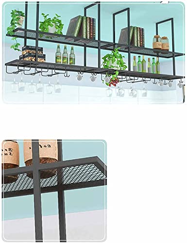 EMISOO Hanging Ceiling Shelf Hanging Wine Rack with Glass Holder and Shelf, Metal Ceiling Bar Wine Glass Rack, 2-Layer Industrial Wall Mounted Wi