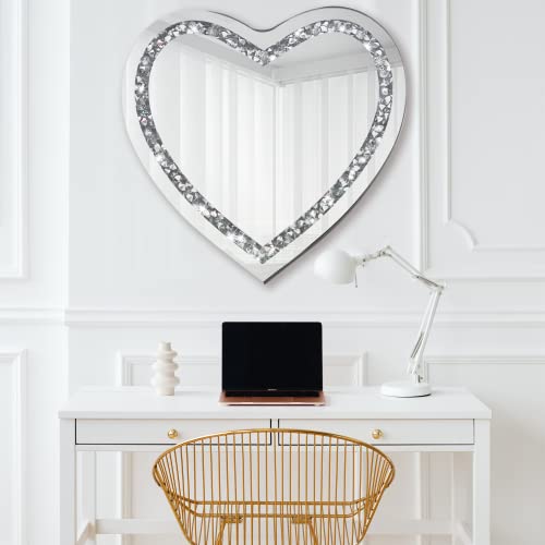LXARTZJ Crystal Crush Diamond Heart Shaped Silver Mirror for Wall 20x20 inch Wall Hang Frameless Sparkly Mirror Glass for Bedroom, Living Room